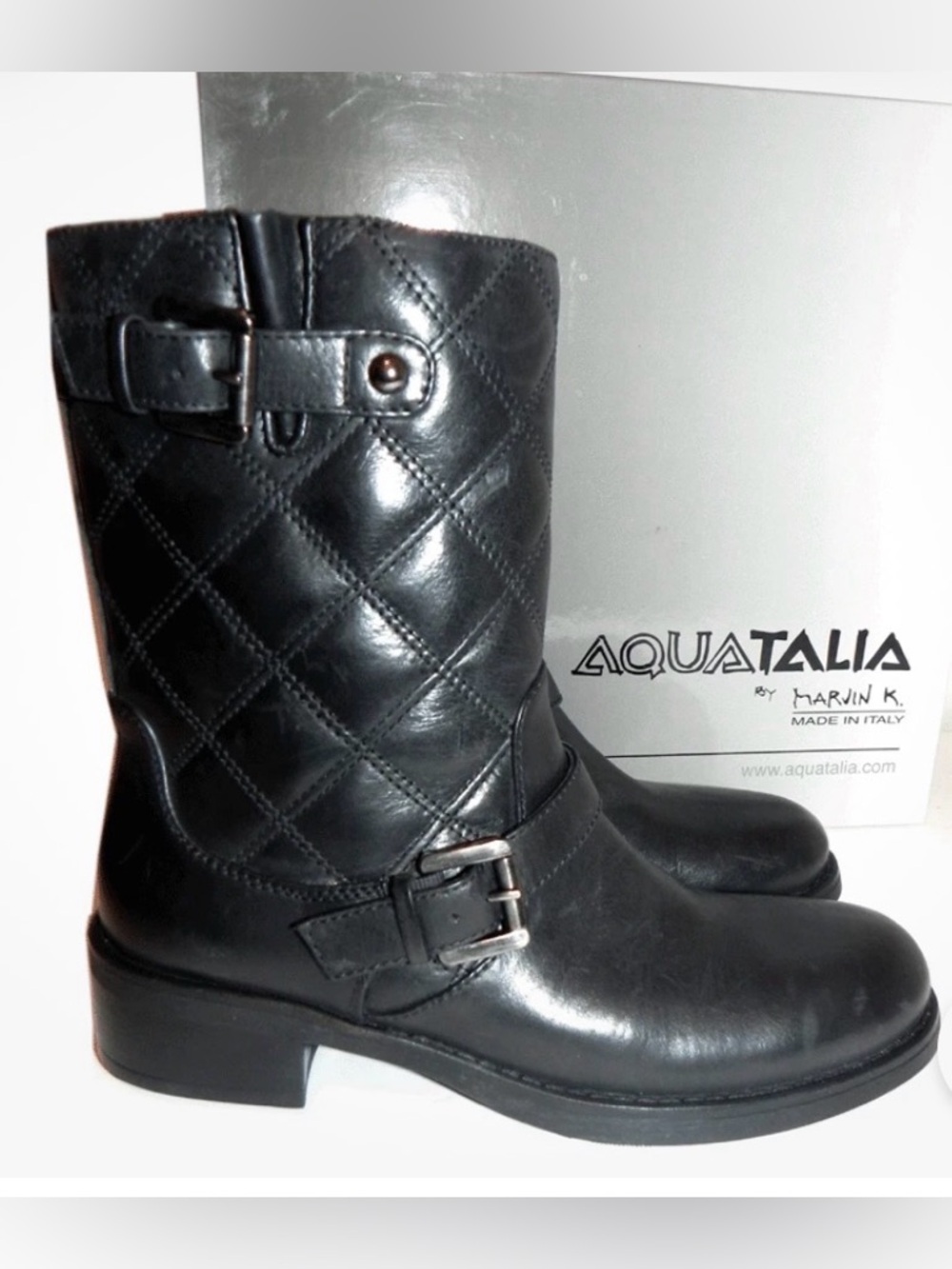 Aquatalia Black Quilted Leather Mid-Calf Buckle Boots 8.5